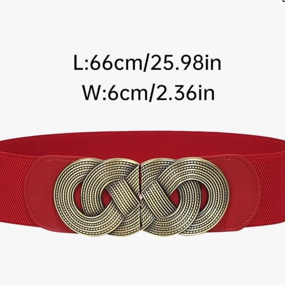 Red Stretch Waist Belt with Ornate Bronze Detail - Picture 3 of 3